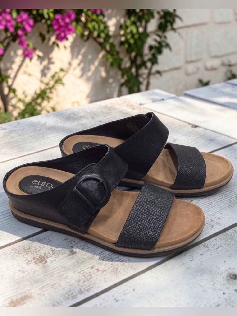 Eurosoft Larissa Slide Wedge Sandals Womens 6M Black Comfort Adjustable Strap